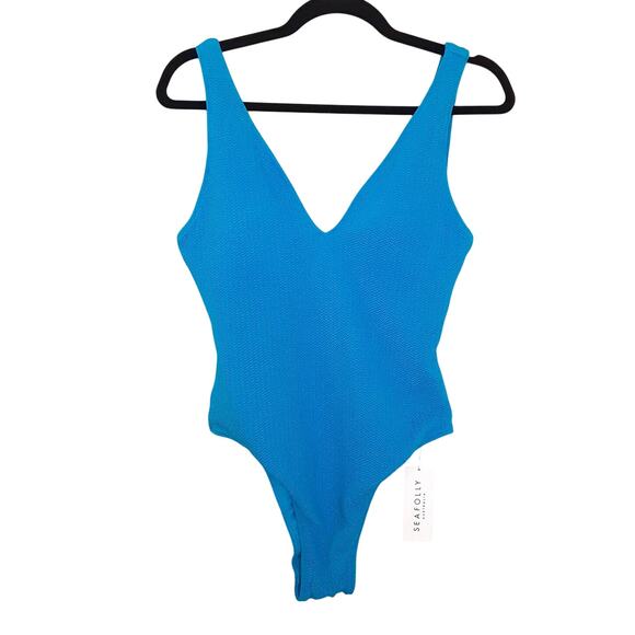 Seafolly Australia Deep V Neck One Piece Swimsuit Blue Backless Womens 10 NWT - Picture 2 of 15
